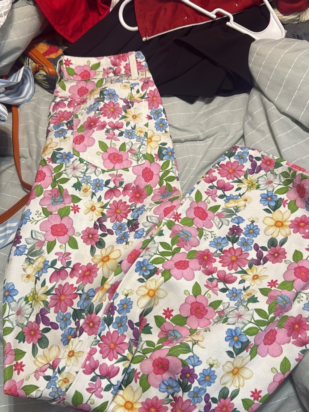 SHEIN White Floral Wide Leg Jeans with Pink, Blue & Yellow Flowers